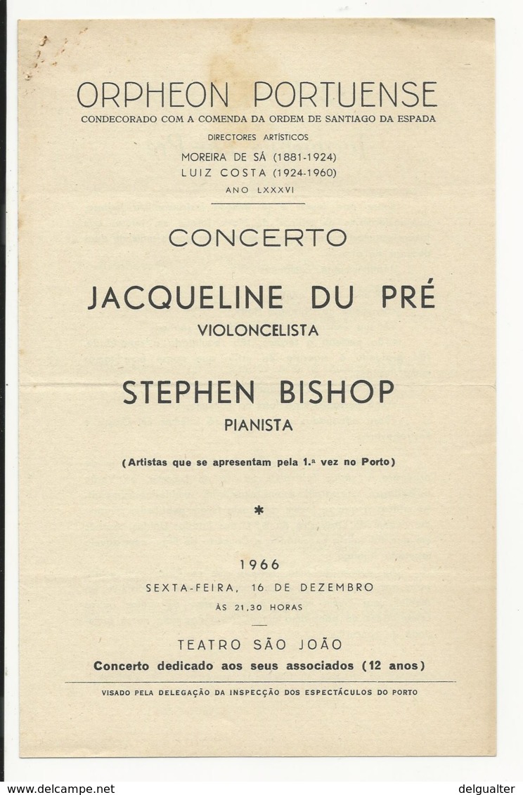 Program - Portugal - Orpheon Portuense - 16 Dezembro 1966 - Jacqueline Du Pré And Stephen Bishop - Programmes