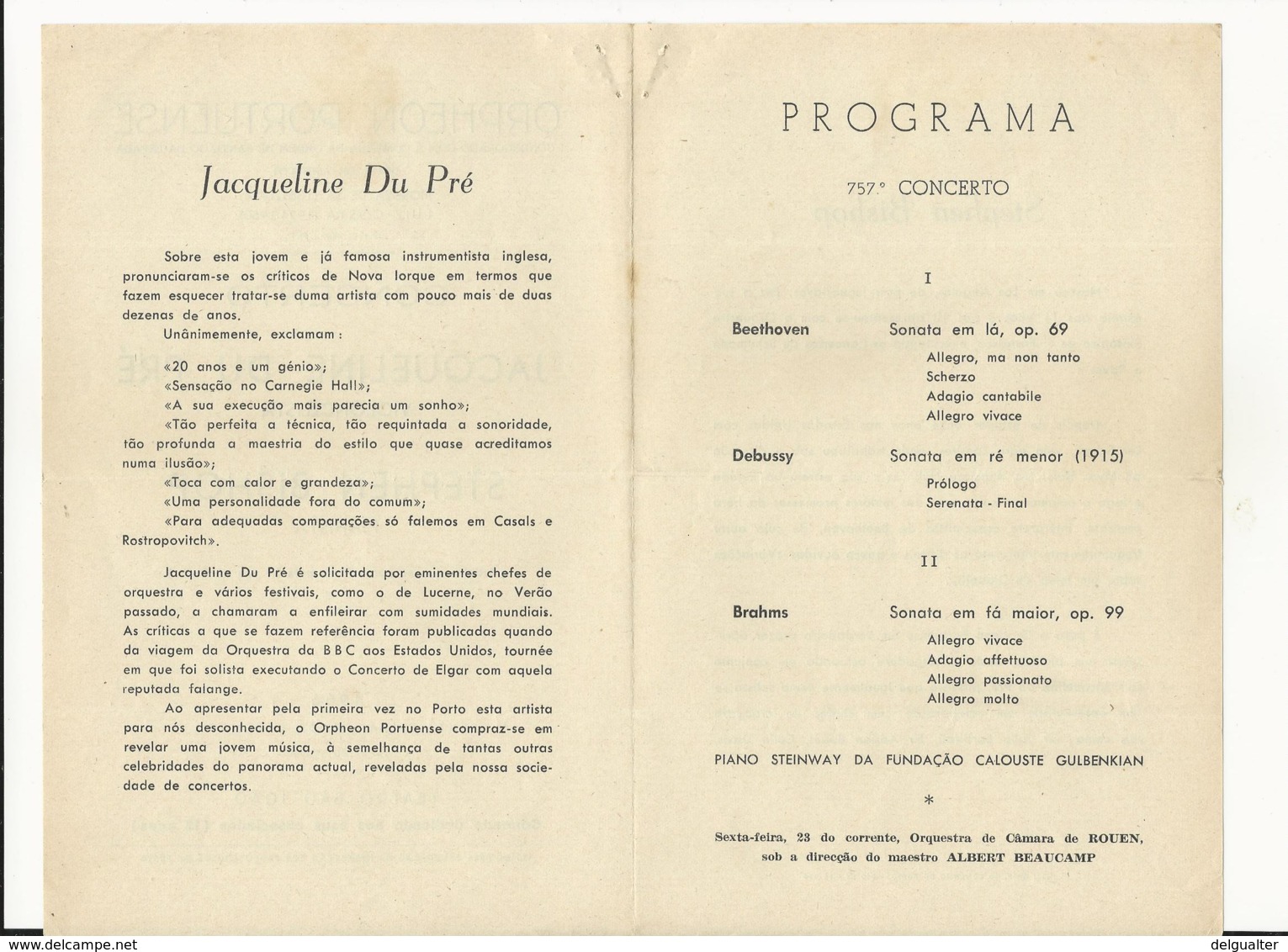 Program - Portugal - Orpheon Portuense - 16 Dezembro 1966 - Jacqueline Du Pré And Stephen Bishop - Programmes