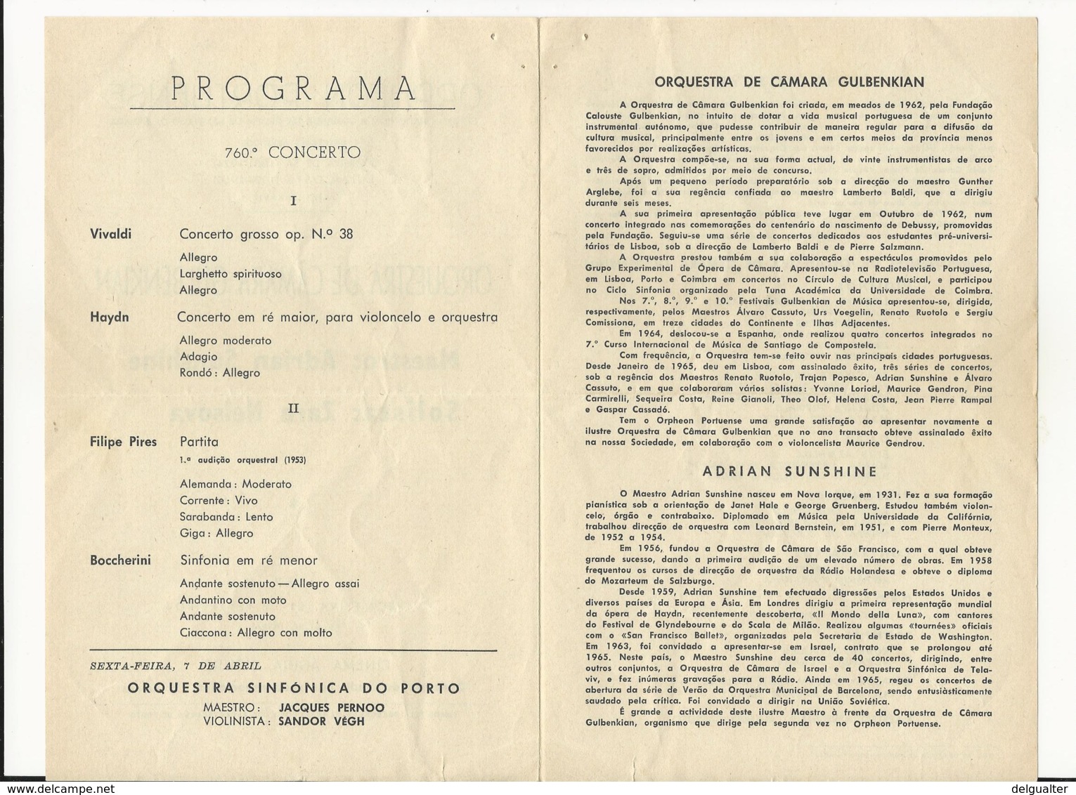 Program - Portugal - Orpheon Portuense - 21 Fevereiro 1967 - Orquestra De Câmara Gulbenkian - Programs
