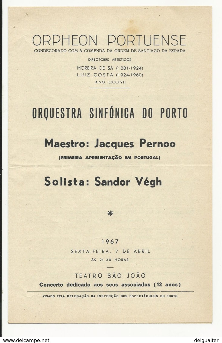 Program - Portugal - Orpheon Portuense - 7 Abril 1967 - Orquestra Sinfónica Do Porto - Programmes