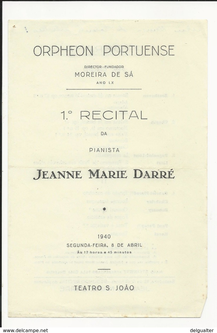 Program - Portugal - Orpheon Portuense - 8 Abril 1940 - Jeanne Marie Darré - Programmes