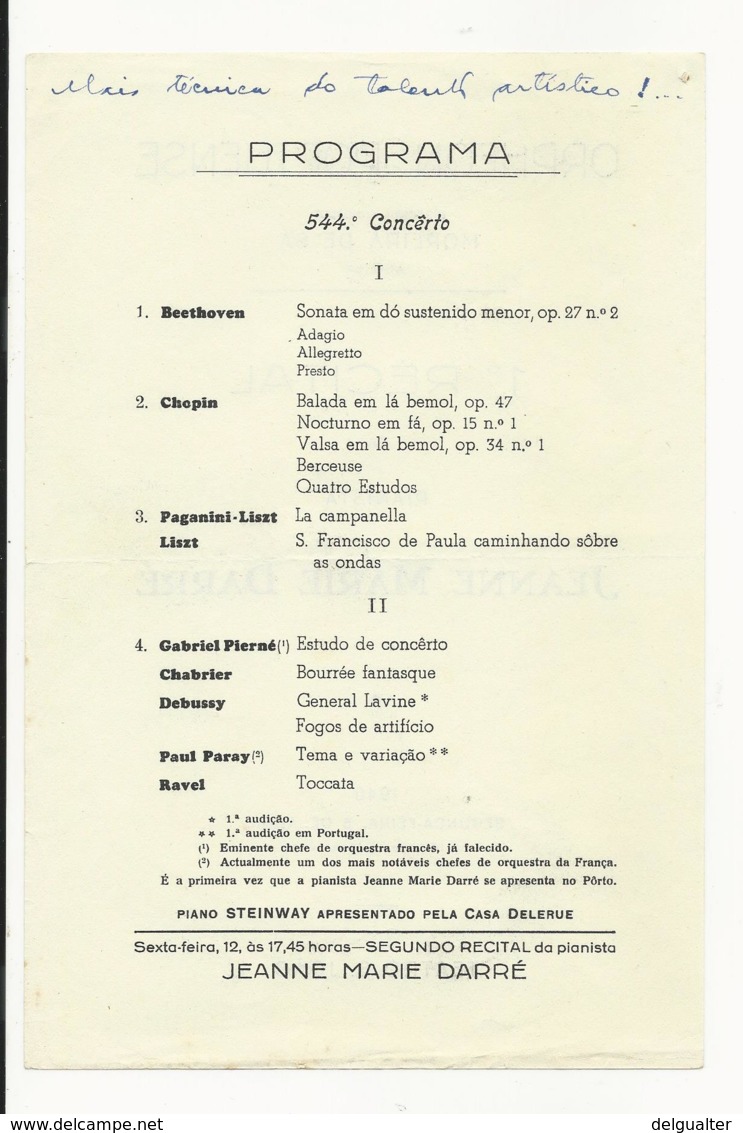 Program - Portugal - Orpheon Portuense - 8 Abril 1940 - Jeanne Marie Darré - Programas
