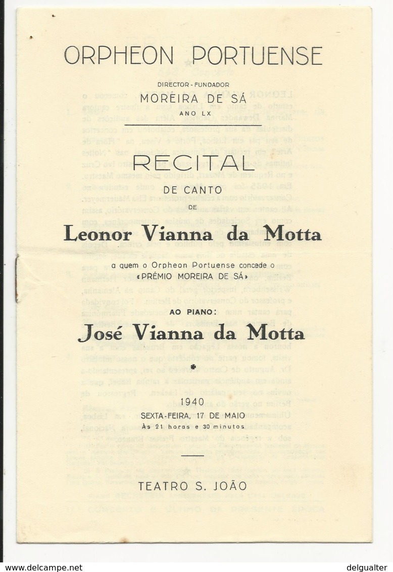 Program - Portugal - Orpheon Portuense - 17 Maio 1940 - Leonor Vianna Da Motta - Programme