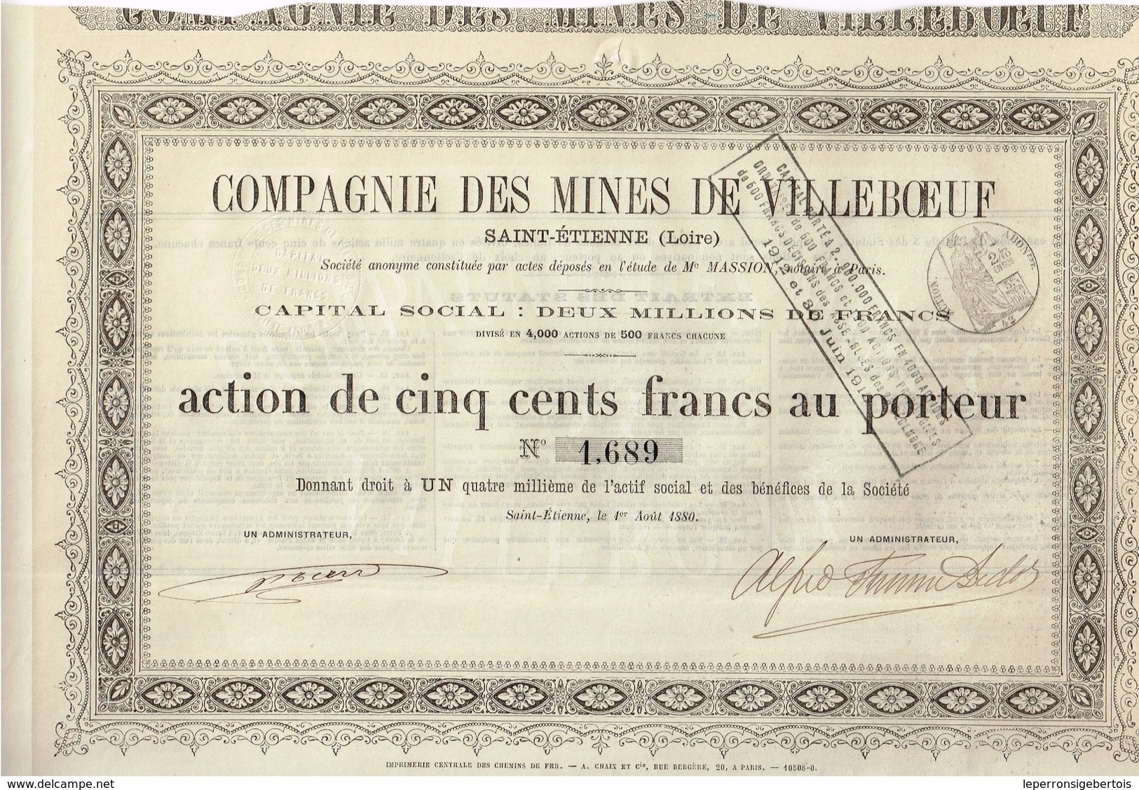 Titre Ancien - Compagnie Des Mines De Villeboeuf - Saint-Etienne -Société Anonyme - - Titre De 1880 - - Mijnen