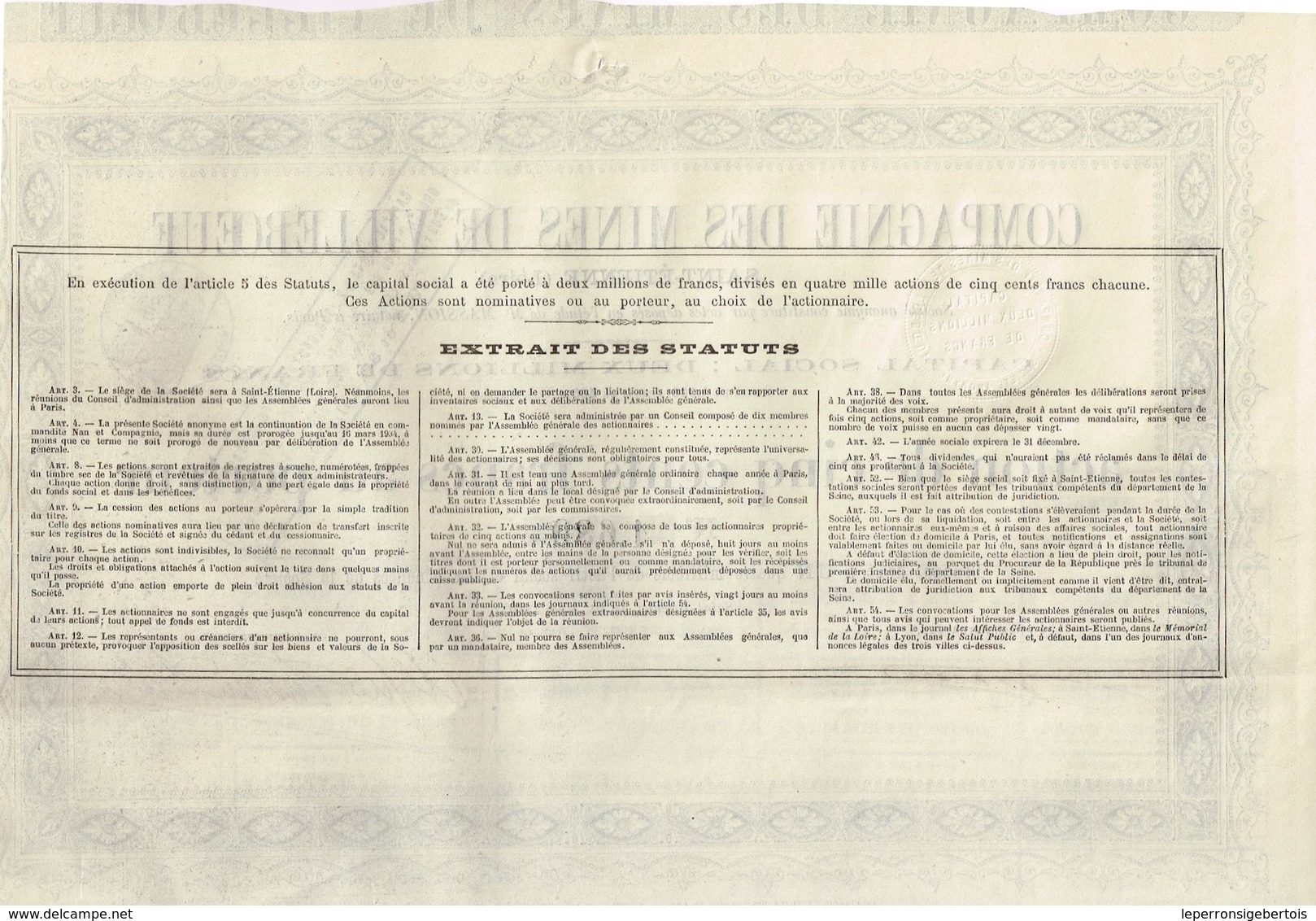 Titre Ancien - Compagnie Des Mines De Villeboeuf - Saint-Etienne -Société Anonyme - - Titre De 1880 - - Miniere