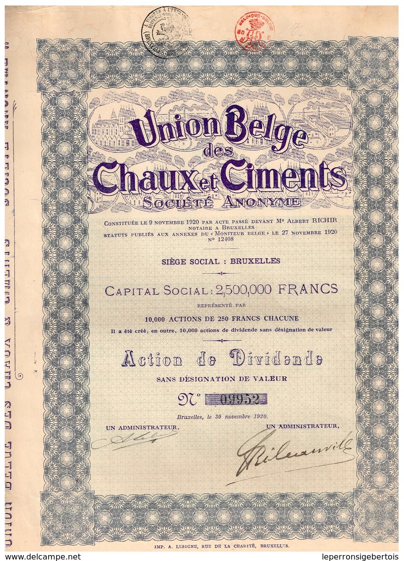 Titre Ancien - Union Belge Des Chaux Et Ciments -Société Anonyme - Titre De 1920 - - Industry