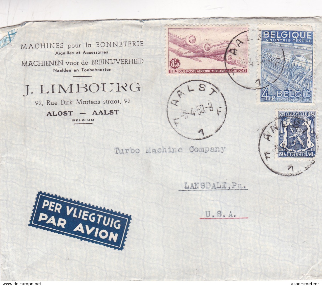 1950 COMMERCIAL COVER- MACHINES POUR LA BONNETERIE J.LIMBOURG. CIRCULEE AALST TO LANSDALE, USA, PAR AVION  - BLEUP - Storia Postale