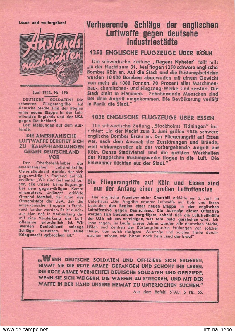 WWII WW2 Flugblatt Tract Leaflet Soviet Propaganda Against Germany "Auslands-Nachrichten" Juni 1942 Nr. 196  CODE 1547 - 1939-45