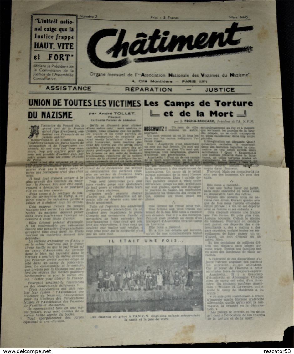 Très Rare Journal Châtiment Organe Association Nationale Des Victimes Du Nazisme N°2 Mars 1945 - 1939-45