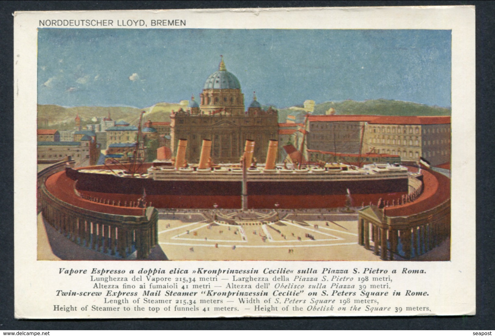 C1908 N.D.L "KRONPRINSESSIN CECILIE" PLACED ACROSS S PIETRO ROME -- COLOURED ADVERT PC FOR ITALY - Steamers