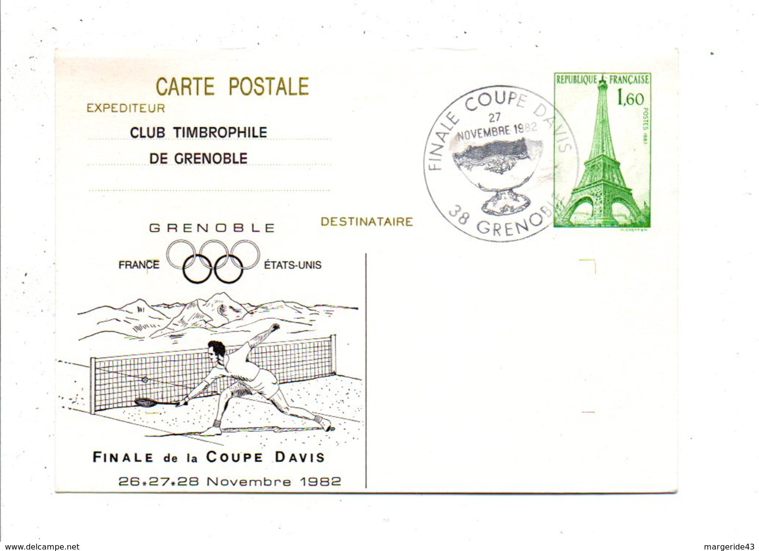 ENTIER CARTE TOUR EIFFEL REPIQUE TENNIS FINALE COUPE DAVIS GRENOBLE 1982 - Cartes Postales Repiquages (avant 1995)