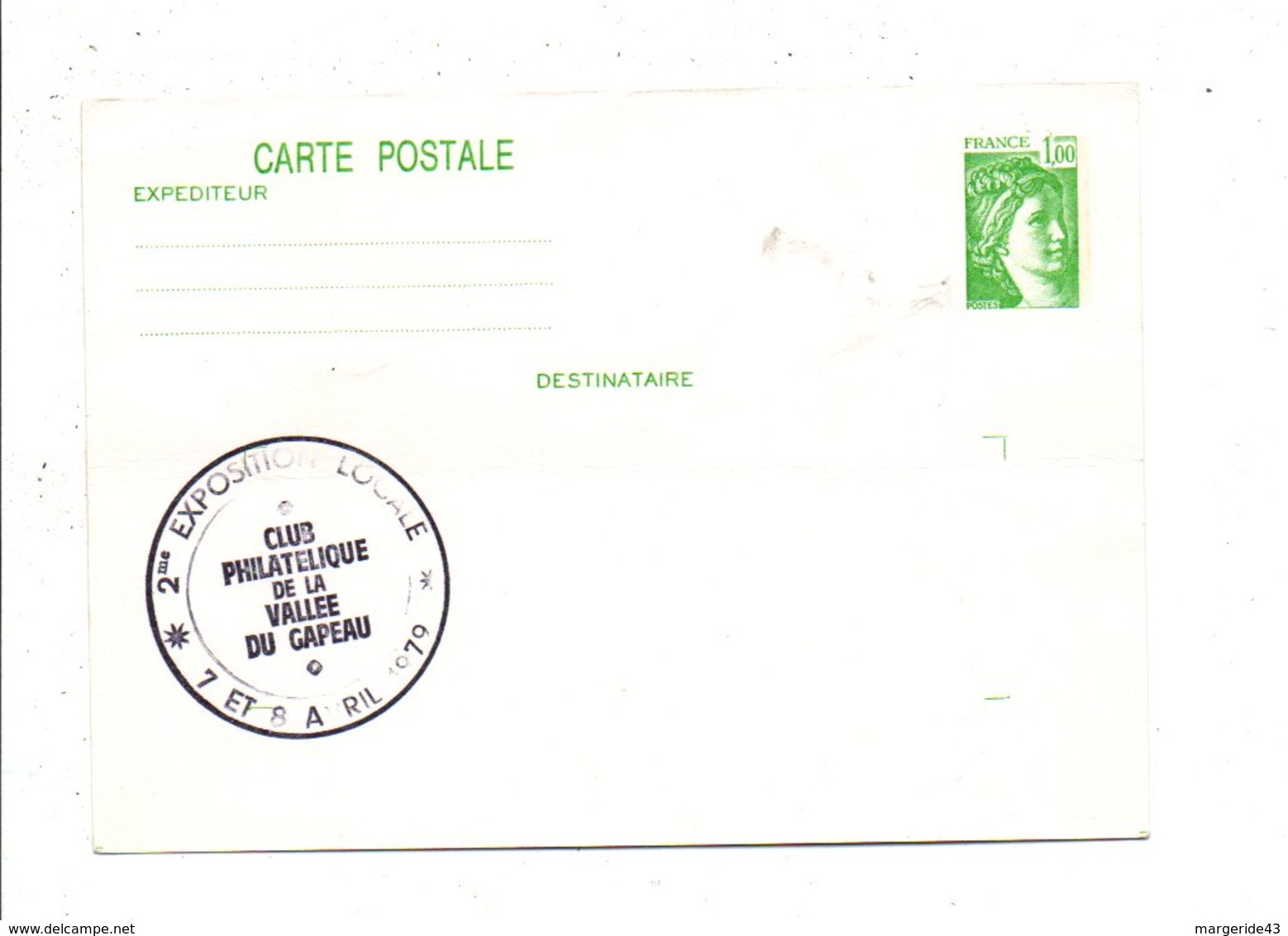 ENTIER CARTE SABINE OBLITERATION EXPO CLUB PHILA. DE LA VALLEE DU GAPEAU VAR 1979 - Cartes Postales Repiquages (avant 1995)