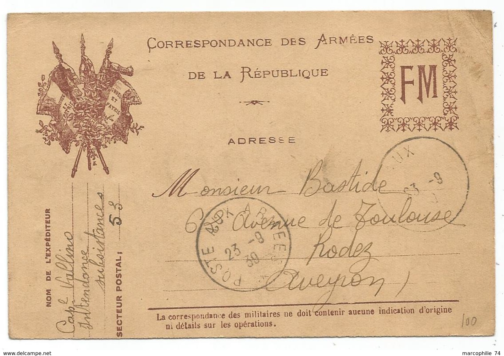 CARTE FM CORRESPONDANCE DES ARMEES 23.9.1939 + DRAPEAUX - Lettres & Documents