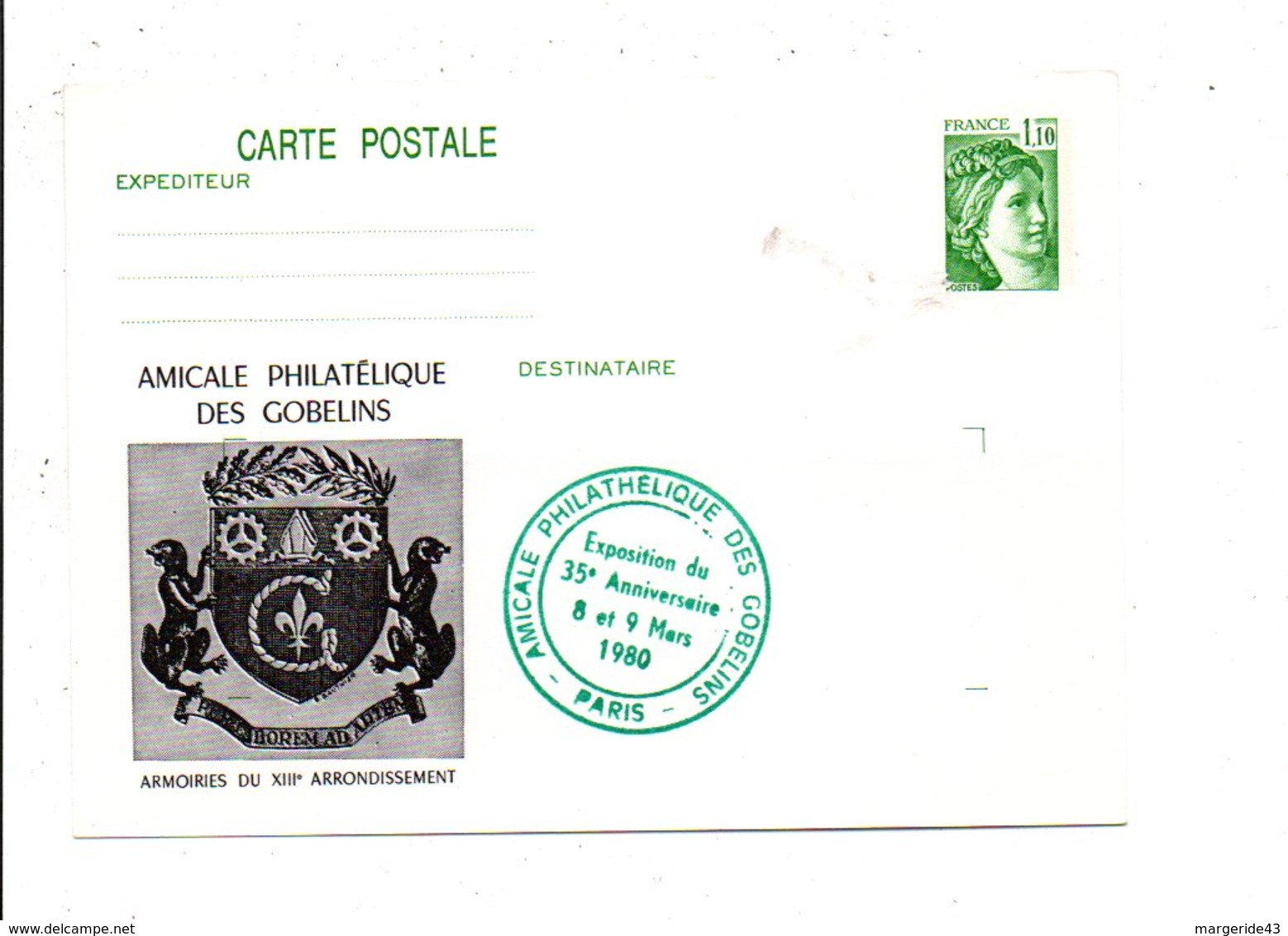 ENTIER CARTE SABINE REPIQUE AMICALE PHILATELIQUE DES GOBELINS 1980 - Cartes Postales Repiquages (avant 1995)