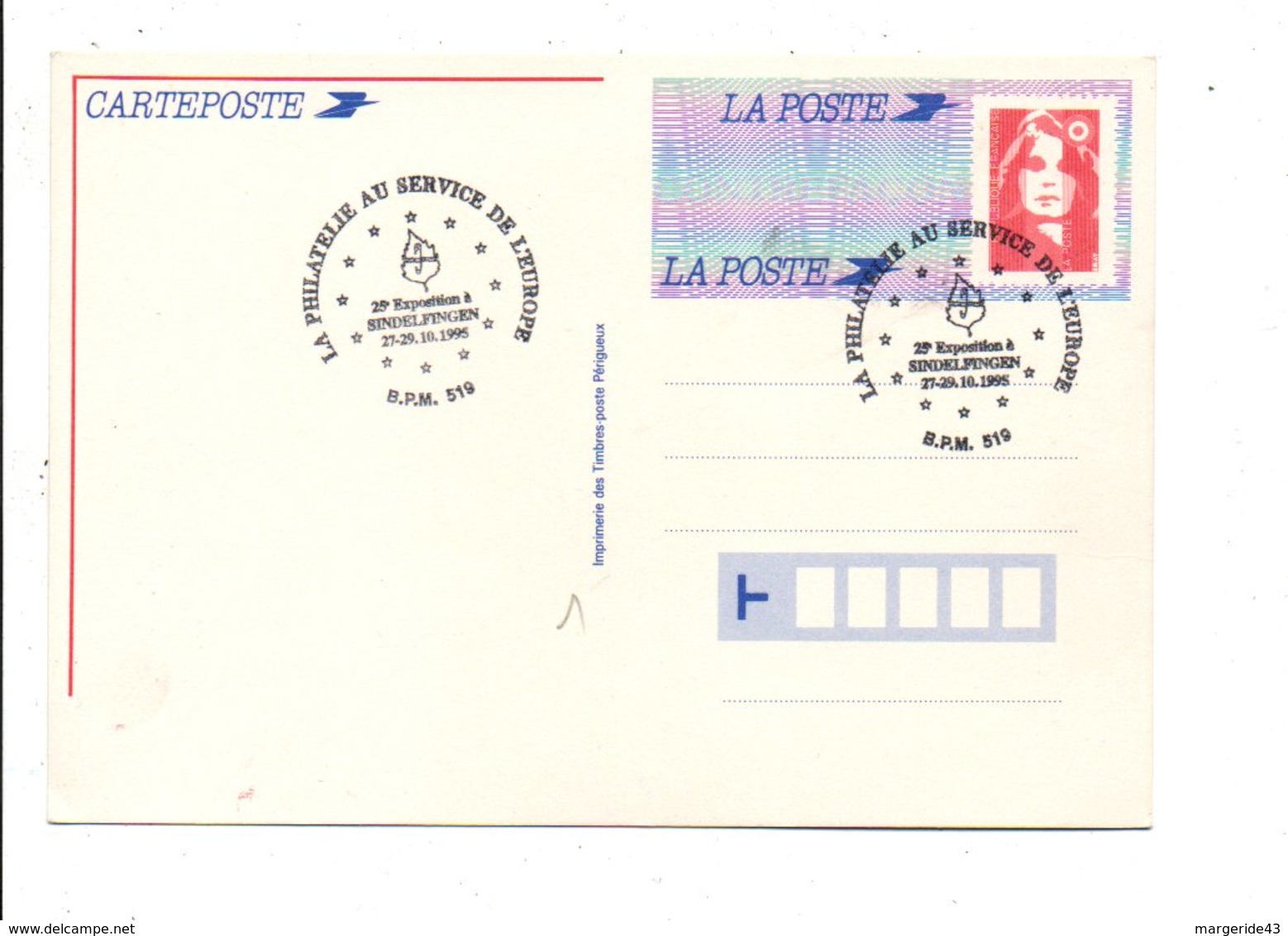 ENTIER CARTE BRIAT OBLITERATION EXPO LA PHILATELIE AU SERVICE DE L'EUROPE à BPM  519 SINDELFINGEN - Cartes Postales Repiquages (avant 1995)