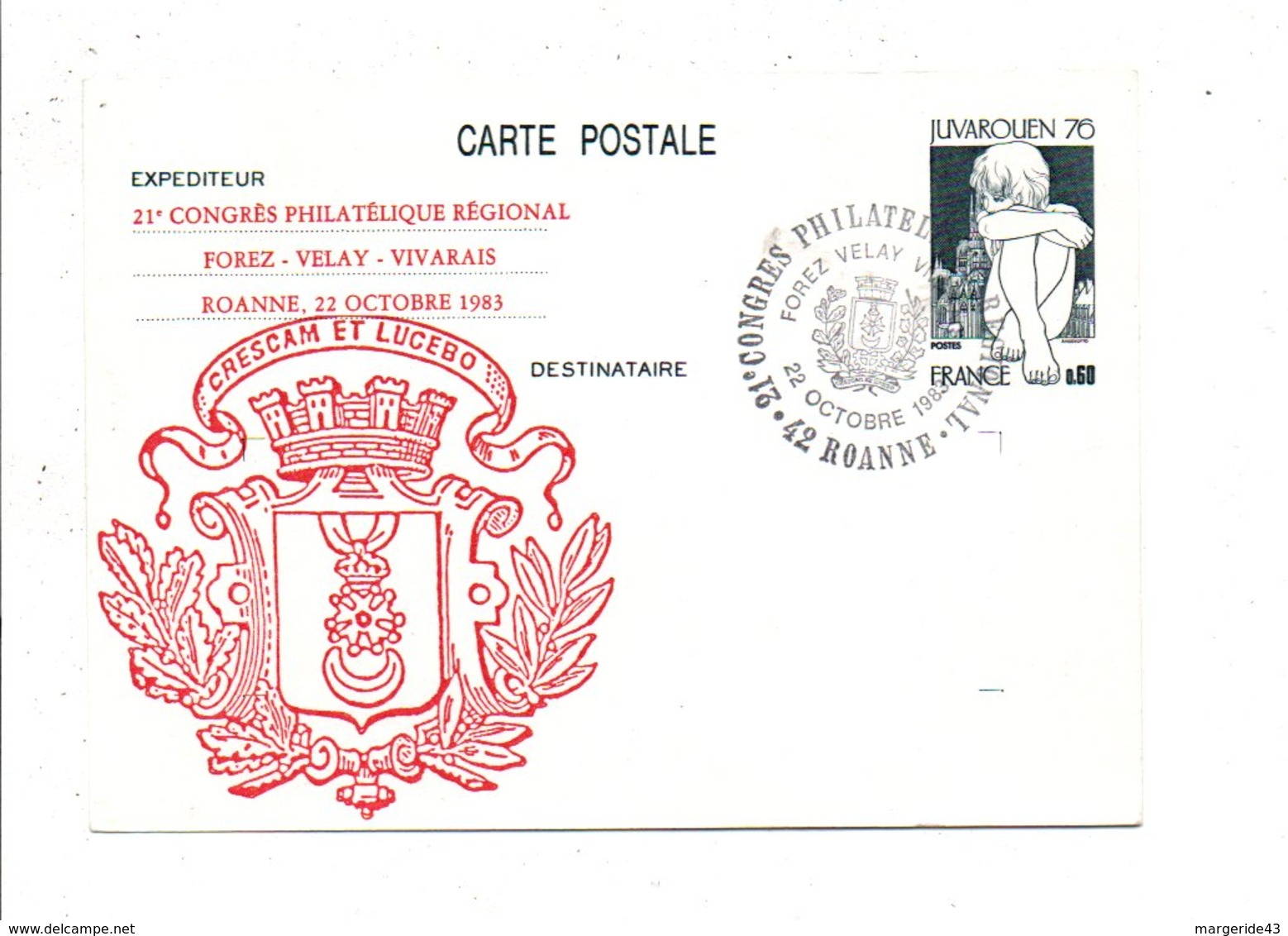 ENTIER CARTE JUVAROUEN REPIQUE + OBLITERATION CONGRES PHILA FOREZ VIVARAIS VELAY à ROANNE 1983 - Cartes Postales Repiquages (avant 1995)