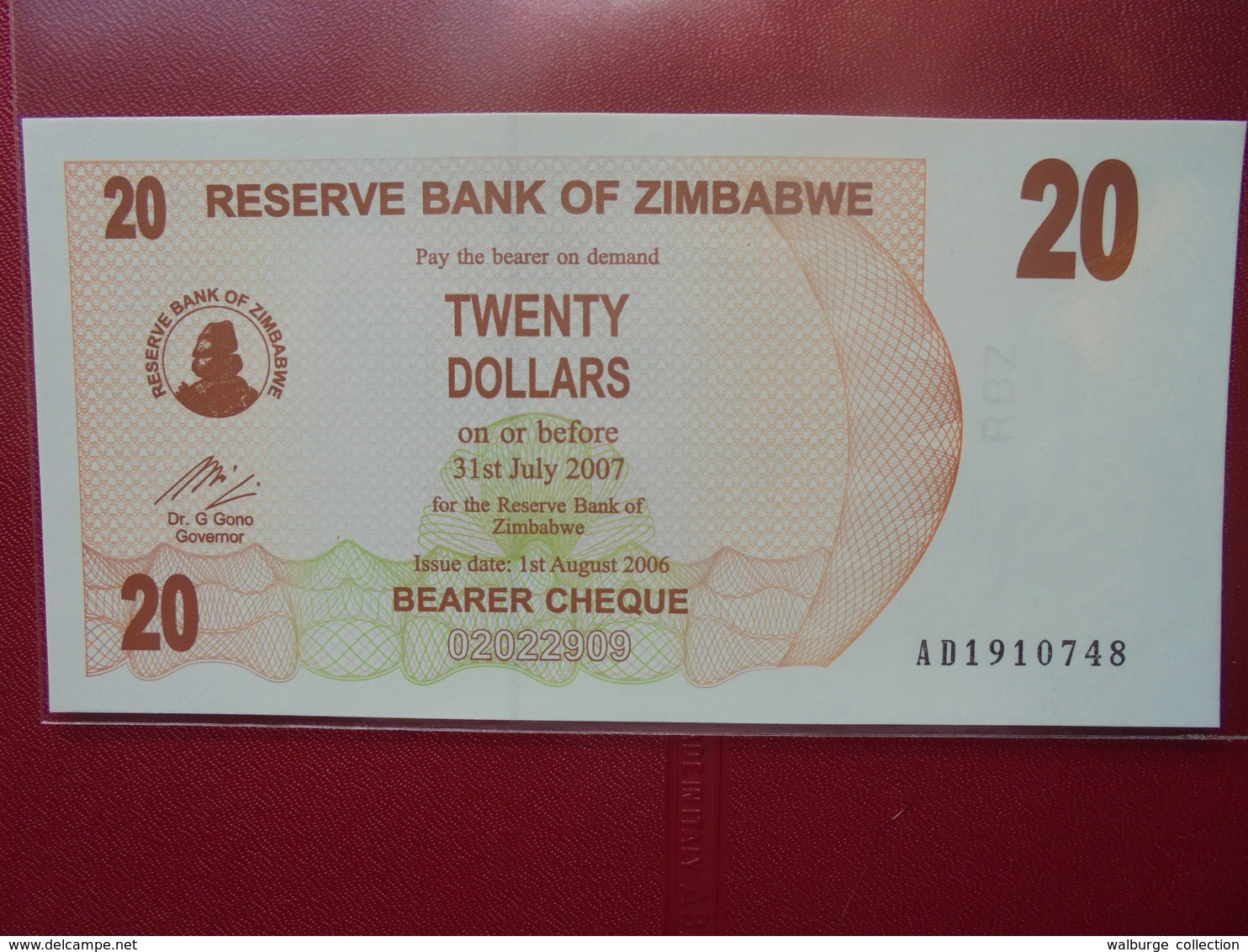 ZIMBABWE 20$ 2007 (BEARER CHEQUE) PEU CIRCULER/NEUF - Zimbabwe