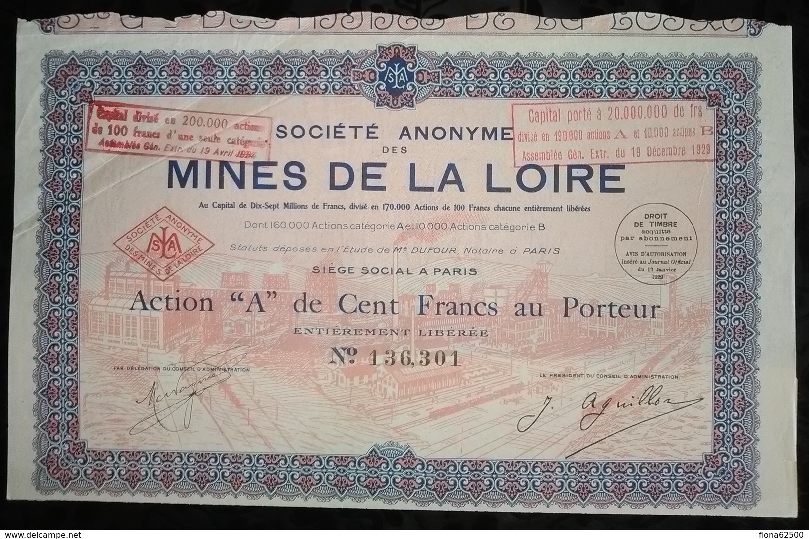 SOCIETE ANONYME DES MINES DE LA LOIRE . ACTION "A" DE CENT FRANCS AU PORTEUR . - Mines