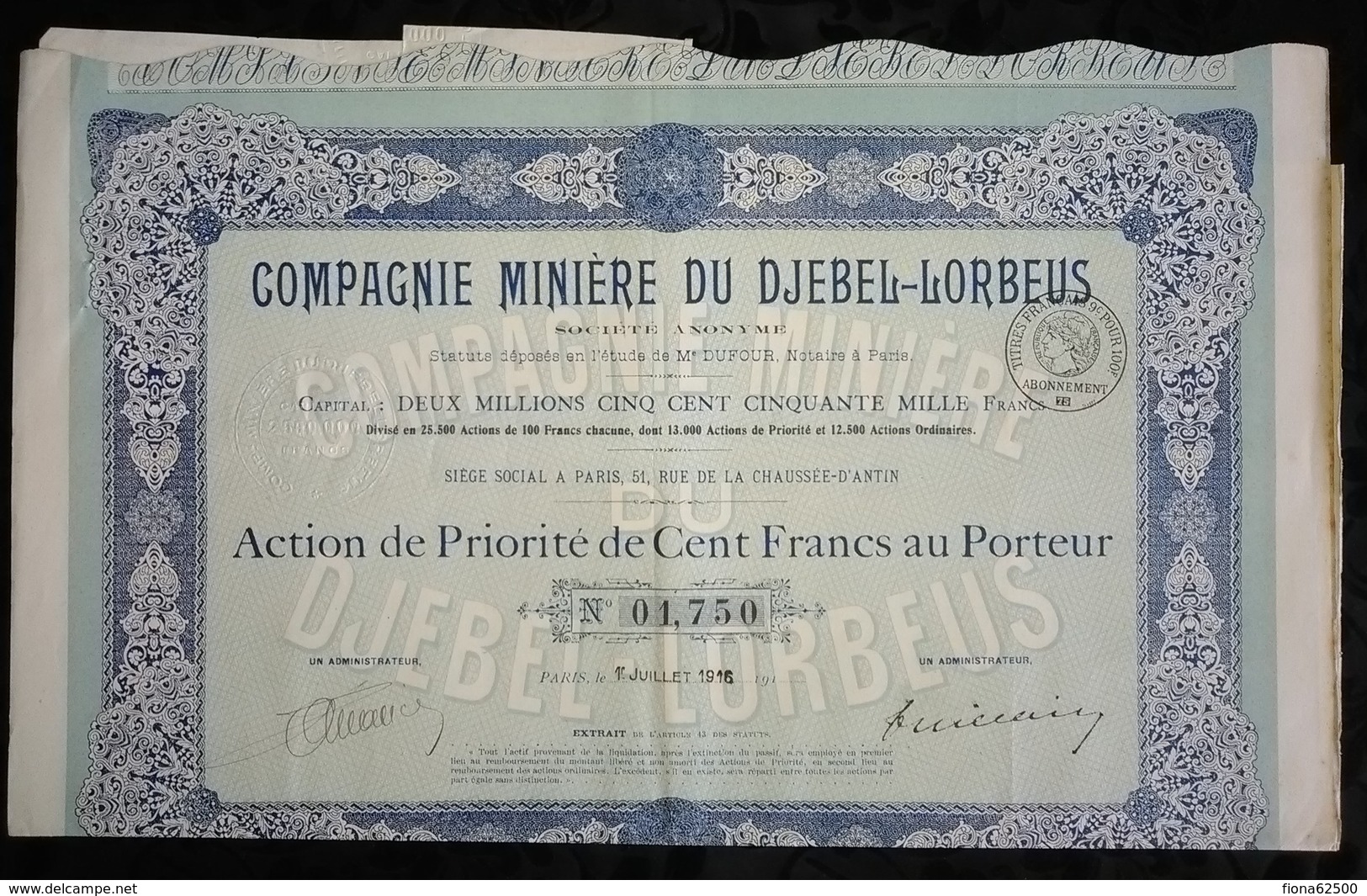 COMPAGNIE MINIERE DU DJEBEL - LORBEUS . ACTION DE PRIORITE DE CENT FRANCS AU PORTEUR . PARIS , LE 01 JUILLET 1916 . - Mines