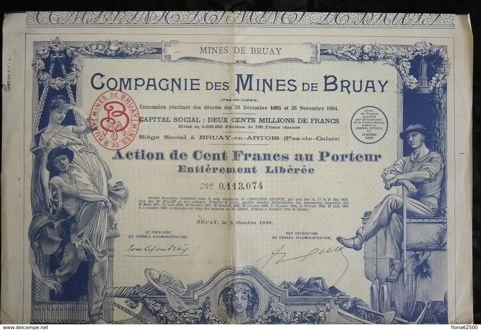 COMPAGNIE DES MINES DE BRUAY . ACTION DE CENT FRANCS AU PORTEUR . BRUAY , LE 05 OCTOBRE 1939 . - Mines