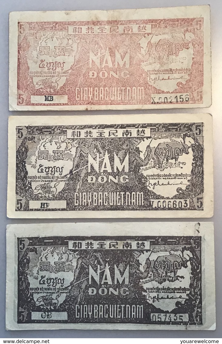 Vietnam ND (1948) 5 Dông, P. 17 3 DIFF COLOURS (banknote Billet Viet Nam Paper Money Geldschein - Viêt-Nam