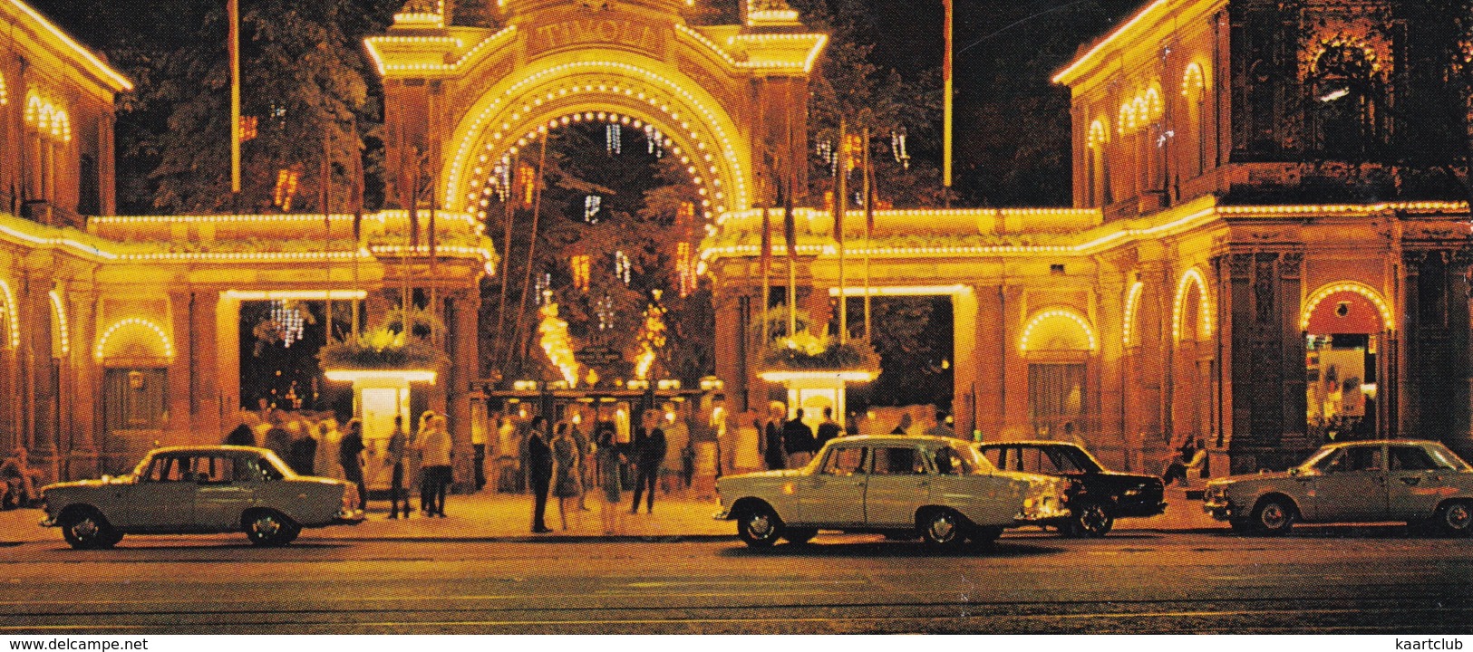 Kobenhavn: 2x MERCEDES W110/111 TAXI, PLYMOUTH TAXI - The Entrance To Tivoli At Night - PKW