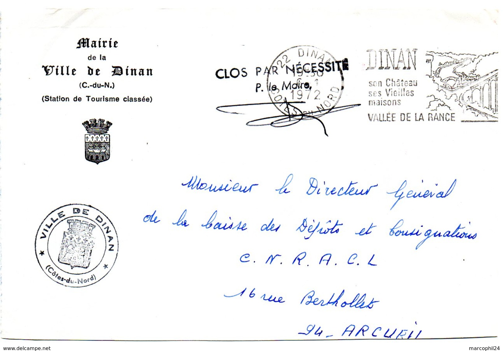 COTES Du NORD - Dépt N° 22 =  DINAN 1972 = FLAMME  Illustrée SECAP ' VALLÉE De La RANCE' + ARMOIRIES MAIRIE - Civil Frank Covers