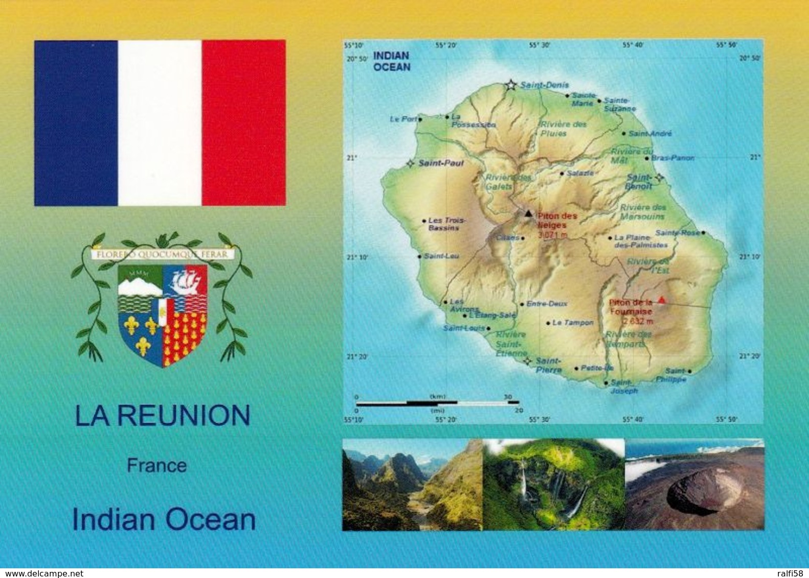 1 Map Of Reunion Island * Flagge Von Frankreich - Landkarte, Wappen Und 3 Ansichten Von Reunion - Franz. Überseegebiet* - Reunion