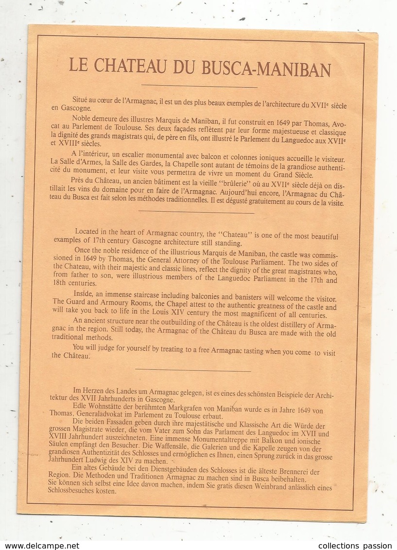 Dépliant Touristique, Chateau Du BUSCA-MANIBAN , Ciruit En TENAREZE , 6 Pages, 4 Scans , Frais Fr 1.55 E - Dépliants Touristiques