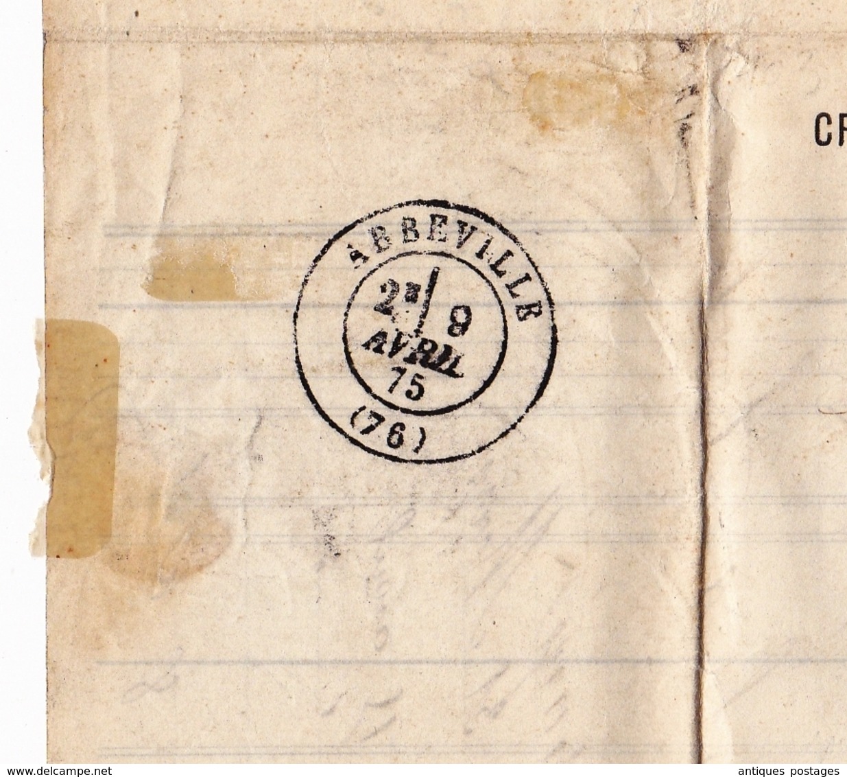 Lettre 1875 Crédit Lyonnais Lyon Abbeville Somme Timbre Cérès 30 Centimes + 10 Centimes