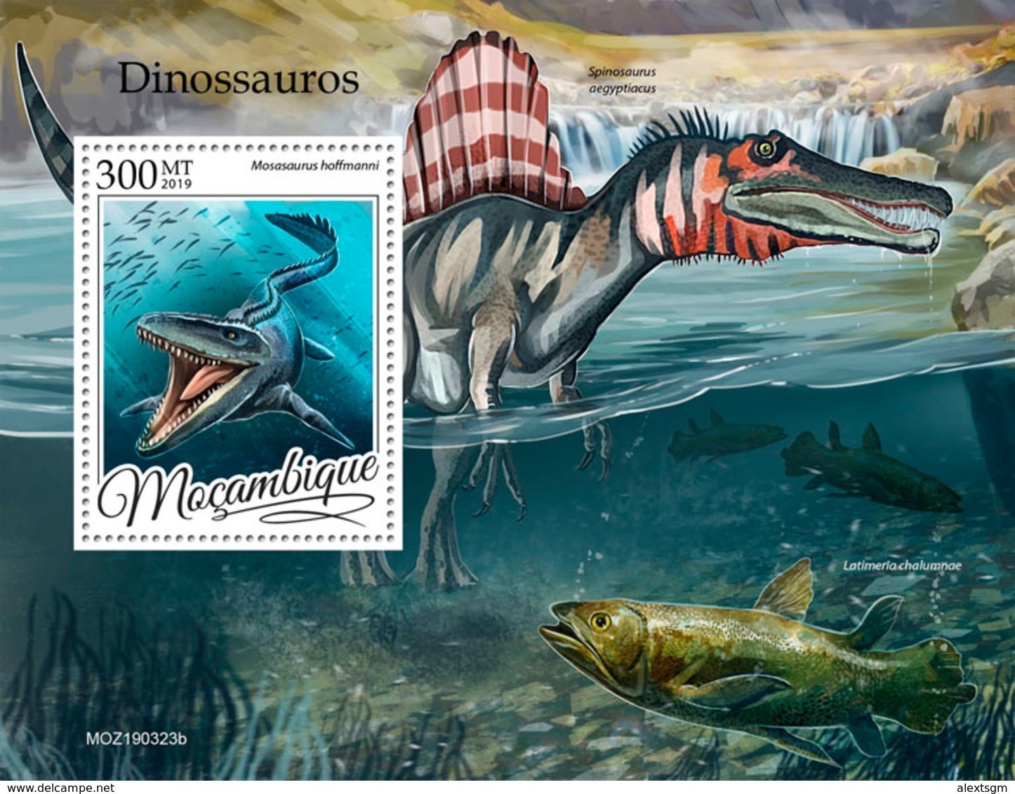 MOZAMBIQUE 2019 - Dinosaurs, Coelacanth S/S. Official Issue - Poissons