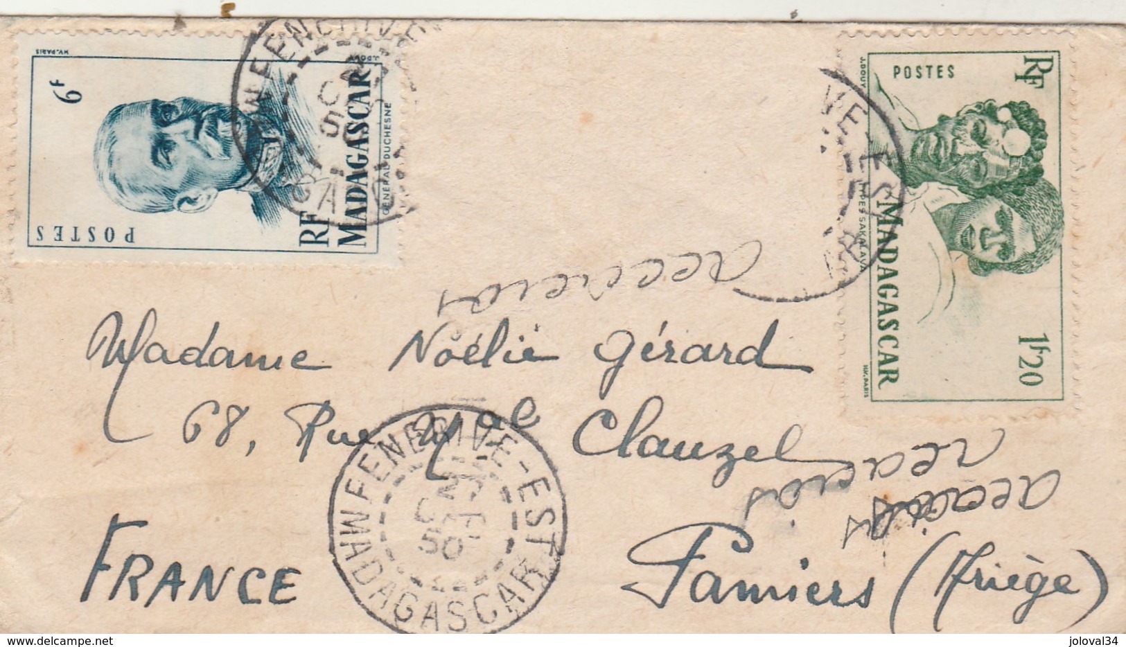 Madagascar  Yvert  307 + 314 Sur Lettre Cachet FENERIVE EST 27/12/1950 Pour Pamiers Ariège Verso Flamme Tamatave - Covers & Documents