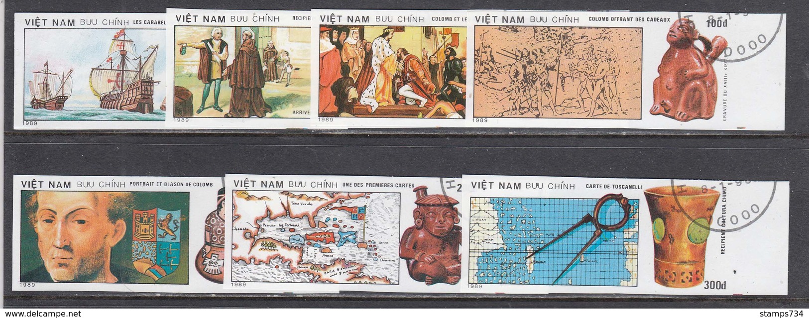 Vietnam 1990 - 500th Anniversary Of America Discovery, Set Of 7 Stamps, Imperforated, Canceled - Vietnam