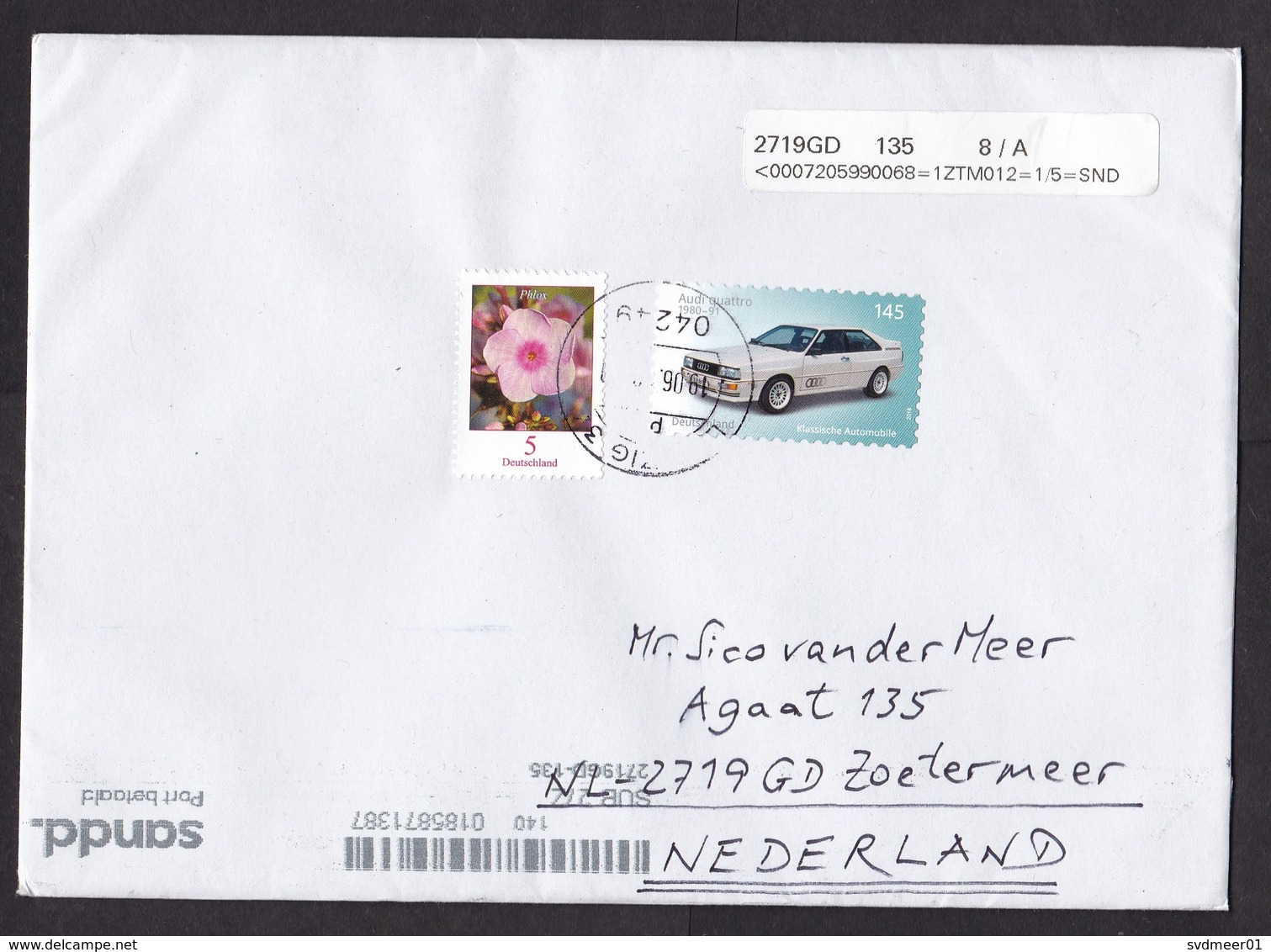 Germany: Cover To Netherlands, 2019, 2 Stamps, Audi Car, Flower, Cancel+label Private Mail Service Sandd (traces Of Use) - Brieven En Documenten