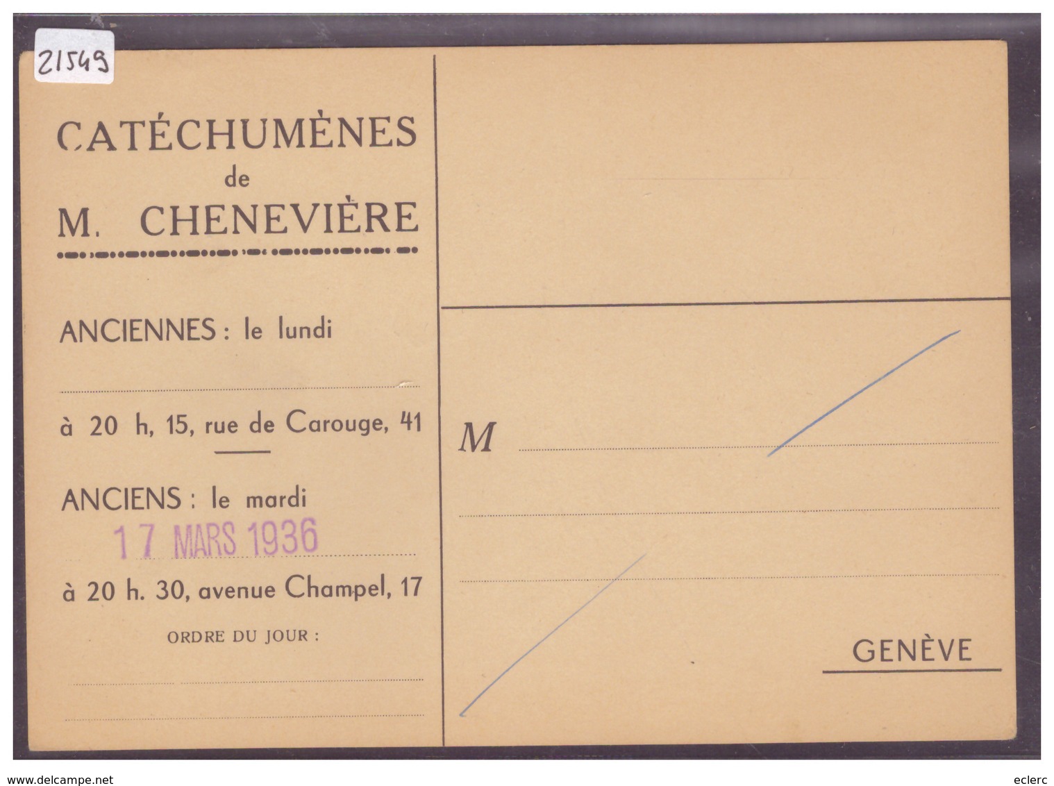 FORMAT 10x15cm - GENEVE CAROUGE - CATECHUMENES DE M. CHENEVIERE - TB - Carouge