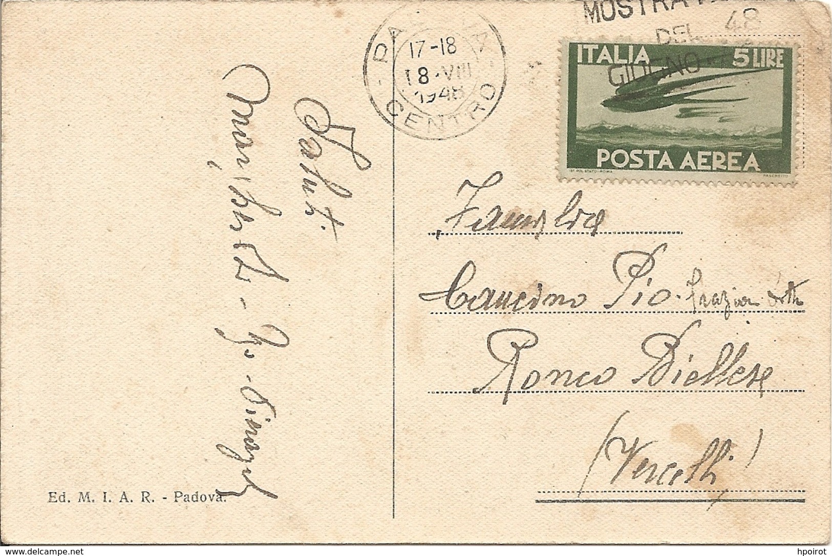 LL. 5 POSTA AEREA VIAGGIATO SU CARTOLINA INTERNA - Timbro " MOSTRA DEL 48 " - VIAGGIATA 1948 - (rif. N96) - 1946-60: Storia Postale