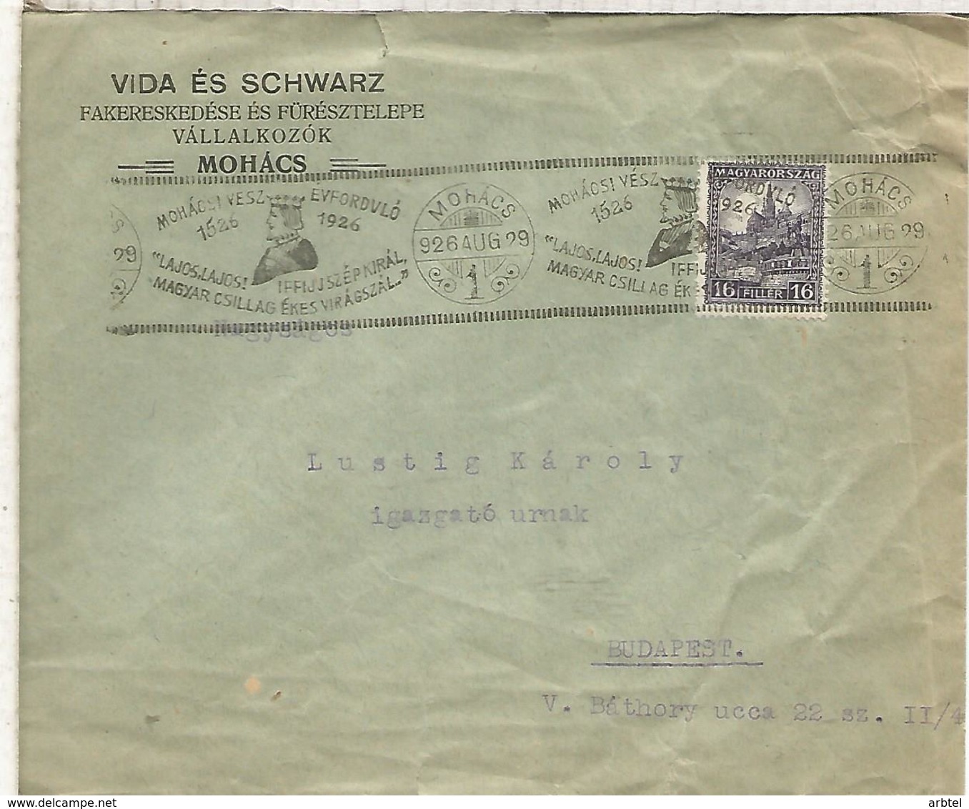 HUNGRIA 1926 MOHACS MAT ESPECIAL - Cartas & Documentos