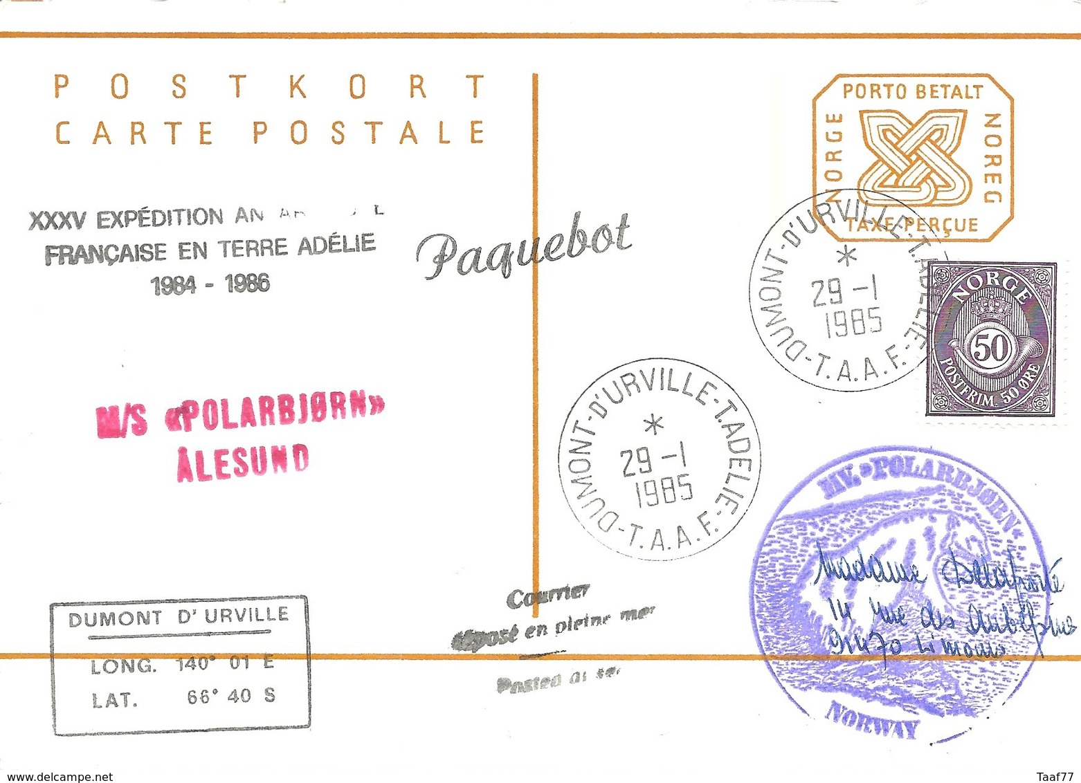 TAAF - Dumont D'Urville-T.Adélie : Entier Postal Norvège M/S Polarbjorn Avec Timbre N°715 Cor Postal  - 29/01/1985 - Lettres & Documents