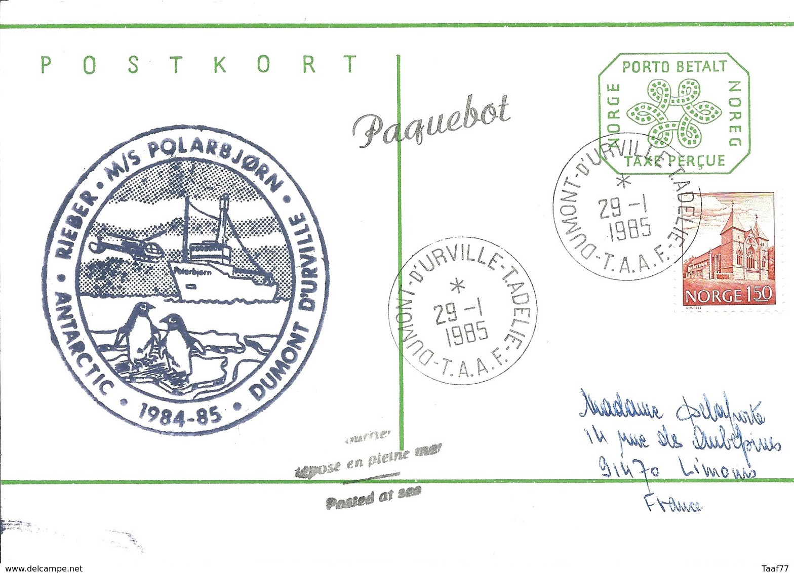 TAAF - Dumont D'Urville-T.Adélie : Entier Postal Norvège M/S Polarbjorn Avec Timbre N°787 Stavanger - 29/01/1985 - Lettres & Documents