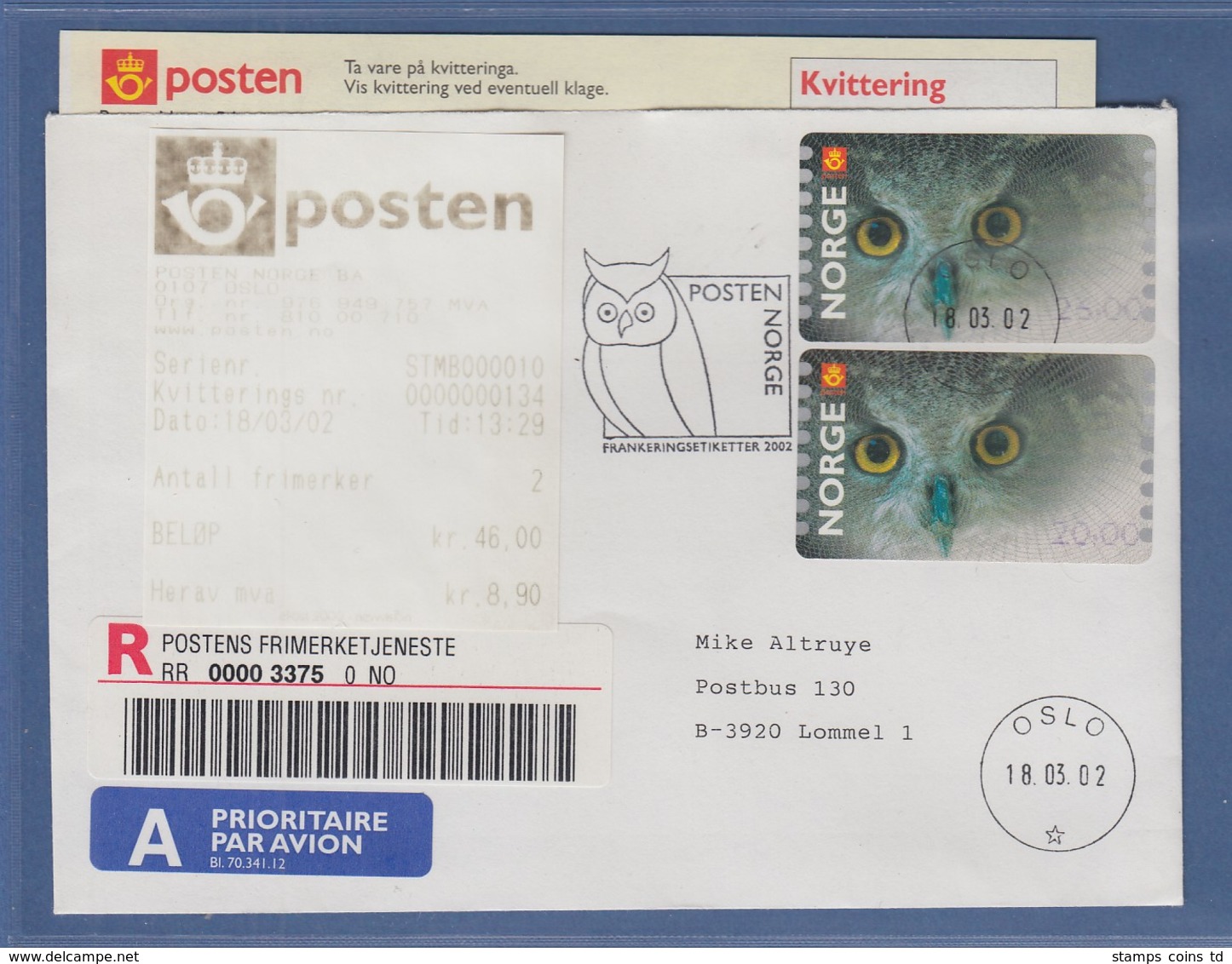Norwegen 2002 ATM-Ausgabe Eule. Werte 26,00 Und 20,00 Auf R-FDC 18.3.02,  ET-AQ - Machine Labels [ATM]