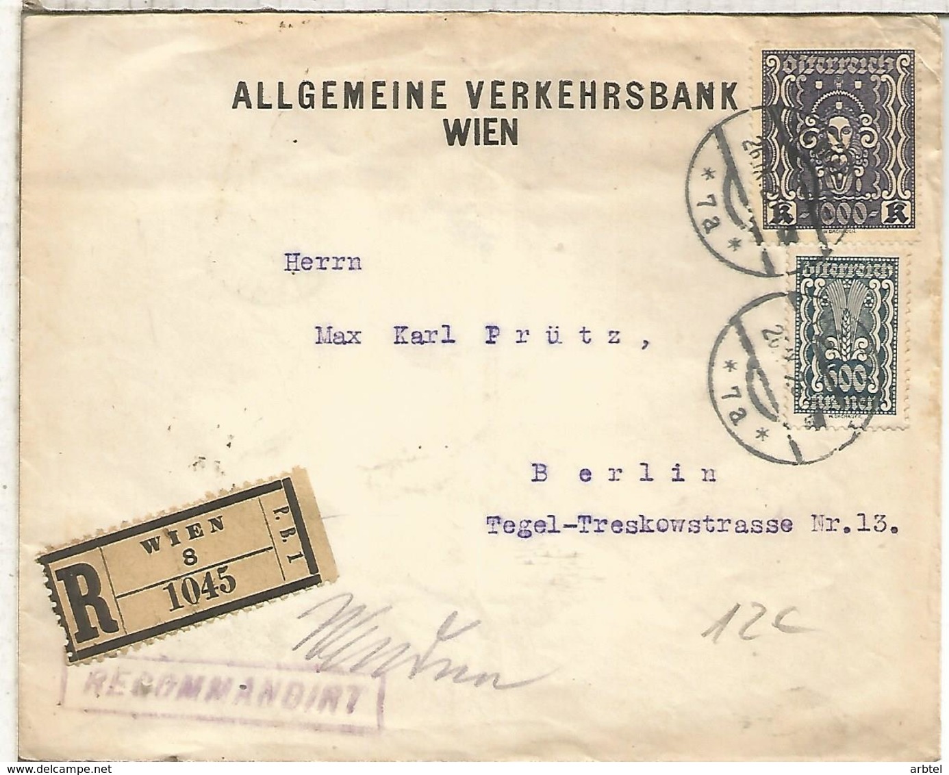 AUSTRIA WIEN CC CERTIFICADA A BERLIN 1923 - Cartas & Documentos
