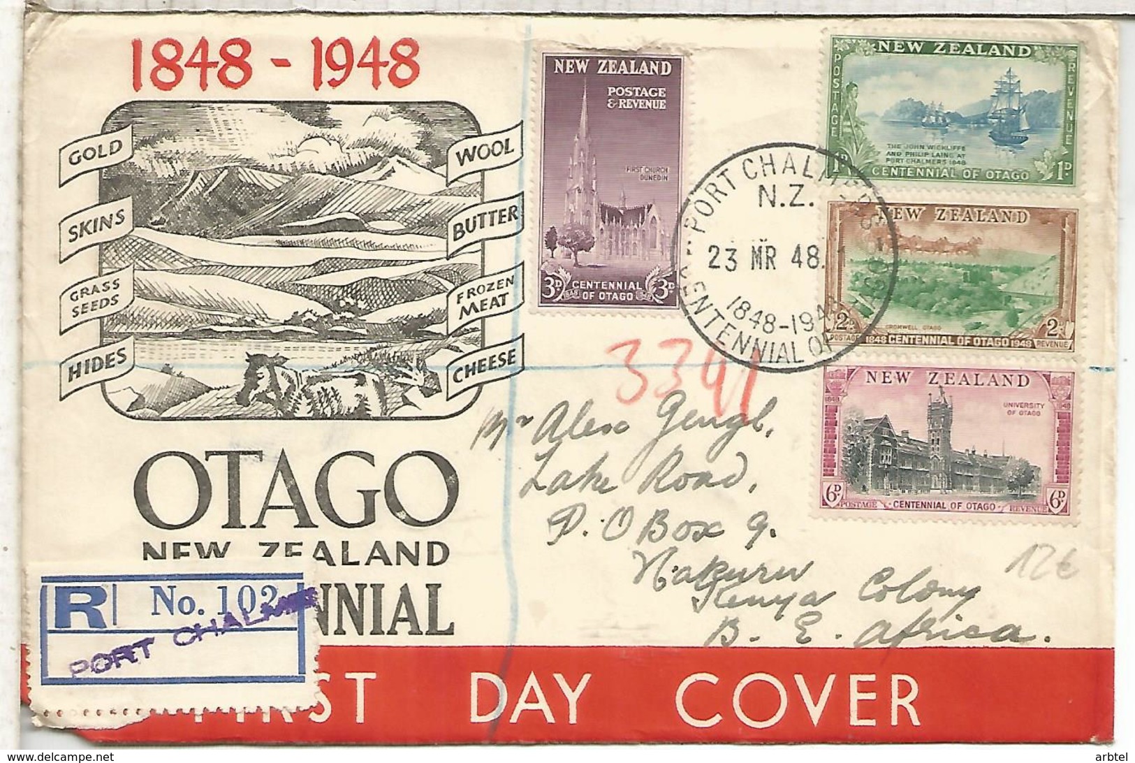 NUEVA ZELANDA CC CON MAT OTAGO CENTENNIAL CERTIFICADA PORT CHALMERS 1948 - Cartas & Documentos