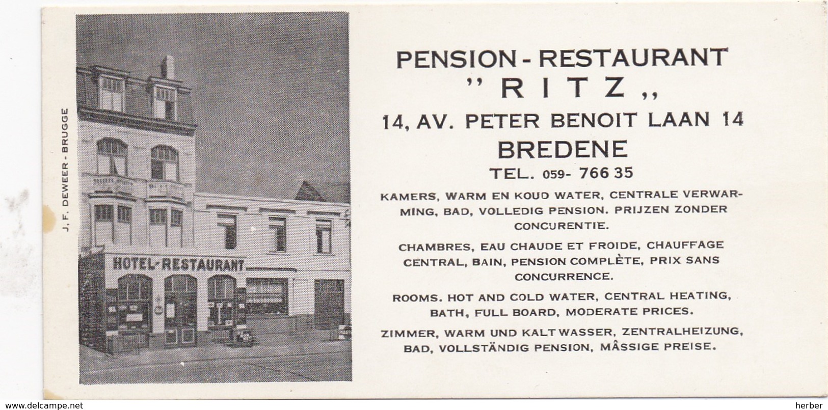 BREDENE - BREEDENE - Visitekaartje Pension-Restaurant "RITZ" - 1950-1960 - Visitenkarten