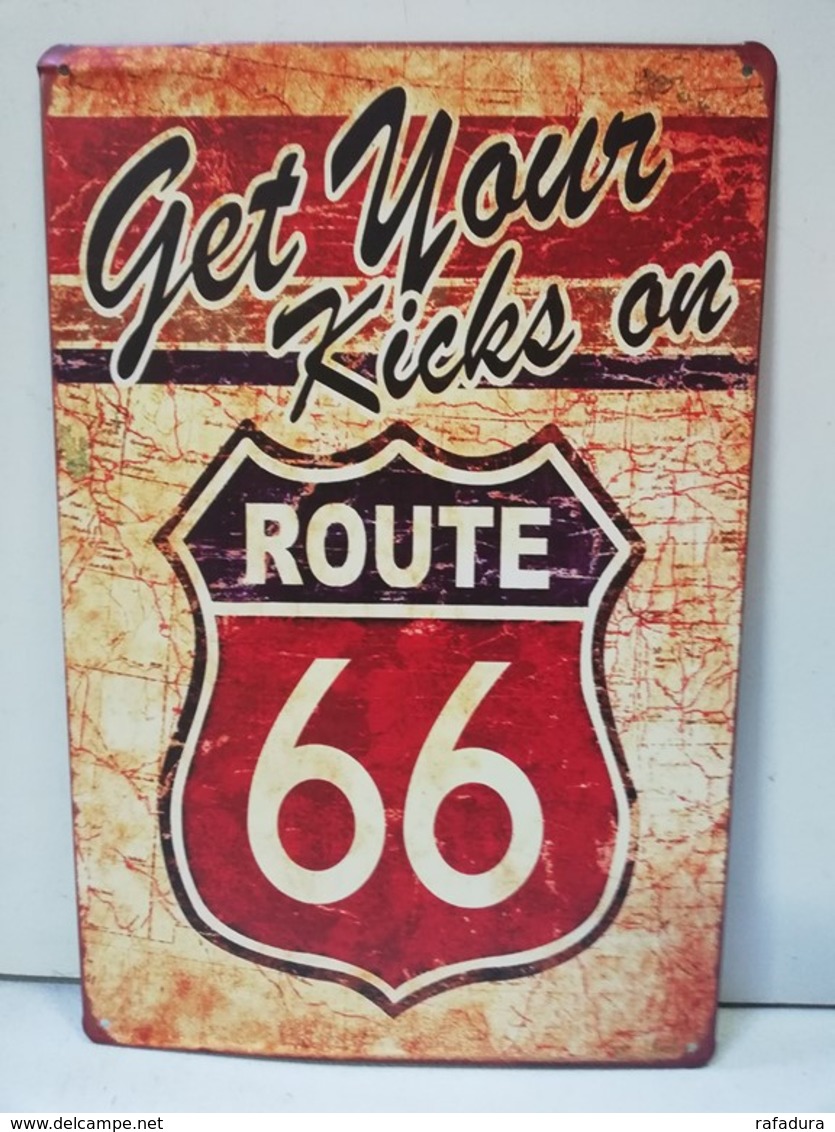 Rare Plaque Tôle GET YOUR KICKS ON ROUTE 66 US  20X30 HARLEY CADILLAC CHEVROLET - Motos