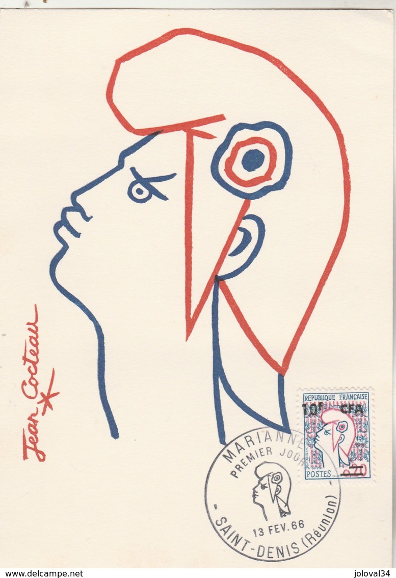 REUNION Carte Maximum Yvert 349A Marianne Cocteau 13/2/1966 - Illustration 1 - Lettres & Documents