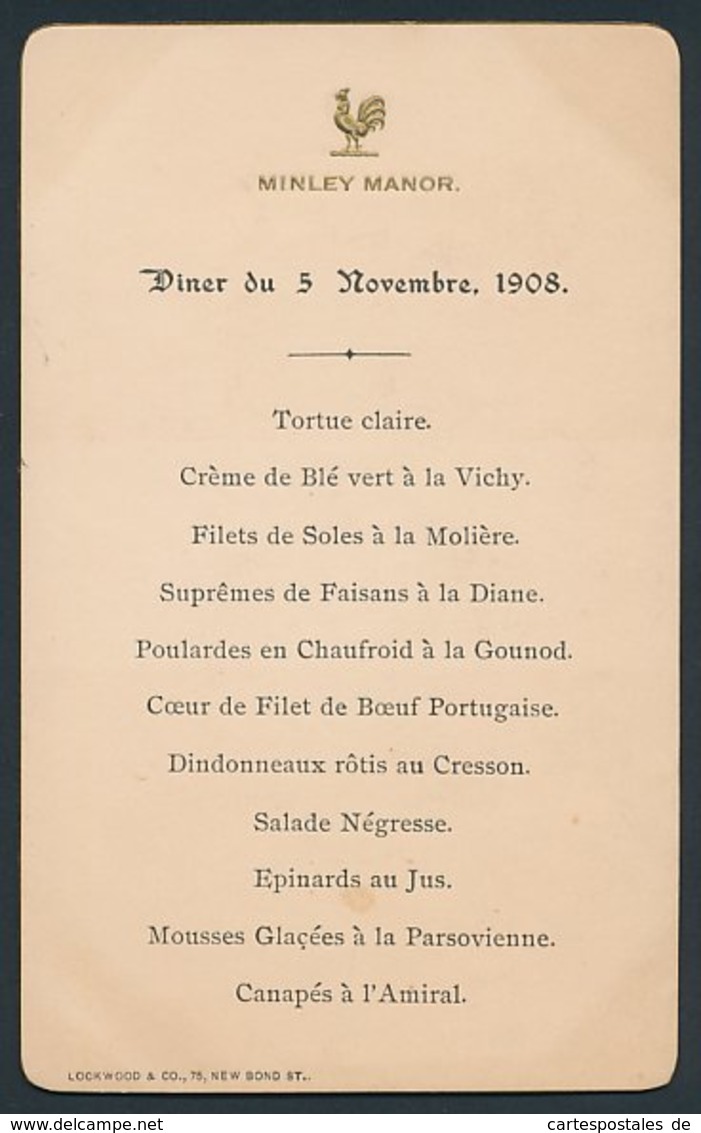 Menükarte-Aufsteller Minley Manor, Diner 1908, Verschiedene Speisen - Menükarten