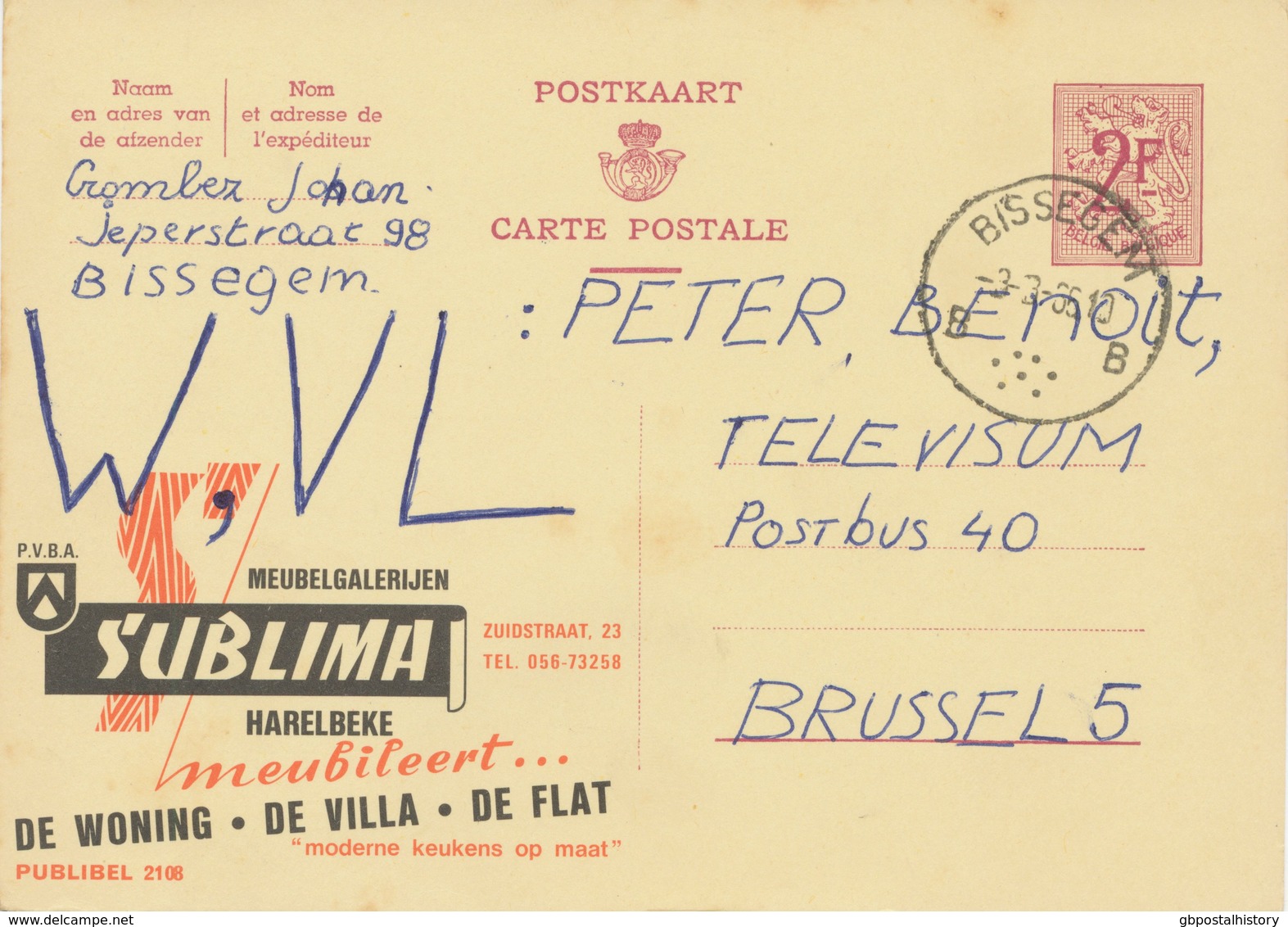 BELGIUM BISSEGEM B (Kortrijk) SC With Dots 1965 Postal Stationery 2 F, PUBLIBEL 2108 VARIETY: Red Dot In Upper Margin!! - Errors & Oddities