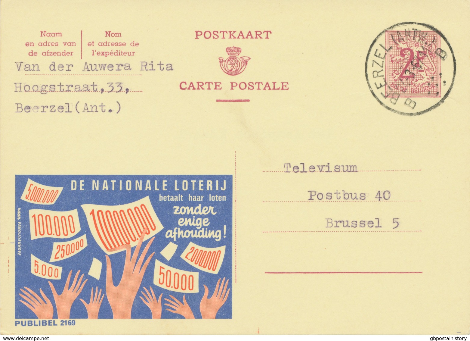 BELGIUM BEERZEL (ANTW.) B (Putte) 1967 Postal Stationery 2 F, PUBLIBEL 2169 Variety At Left Of The Design: Printer Marks - Errors & Oddities