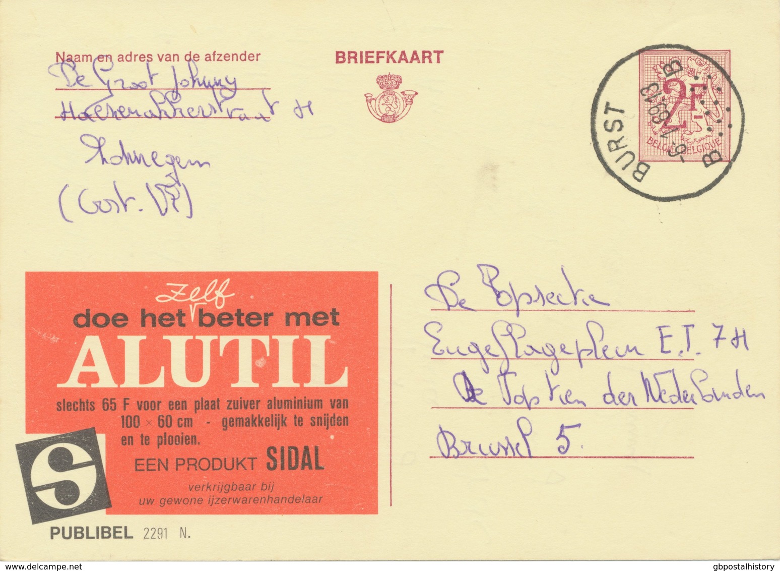 BELGIUM BURST B (Erpe-Mere) 1969 Postal Stationery 2F PUBLIBEL 2291 N. VARIETY  „T“ Of „ALUTIL“ + White Dot At „snijden“ - Varianten & Curiosa