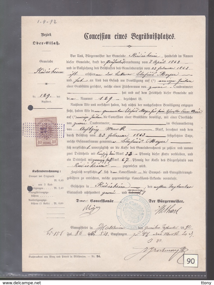 Concession  De Terrain Cimetière  Riedisheim Année 1892 Alsace Cédé Par La France à L'Allemagne Elsass-Lothringen - Historical Documents